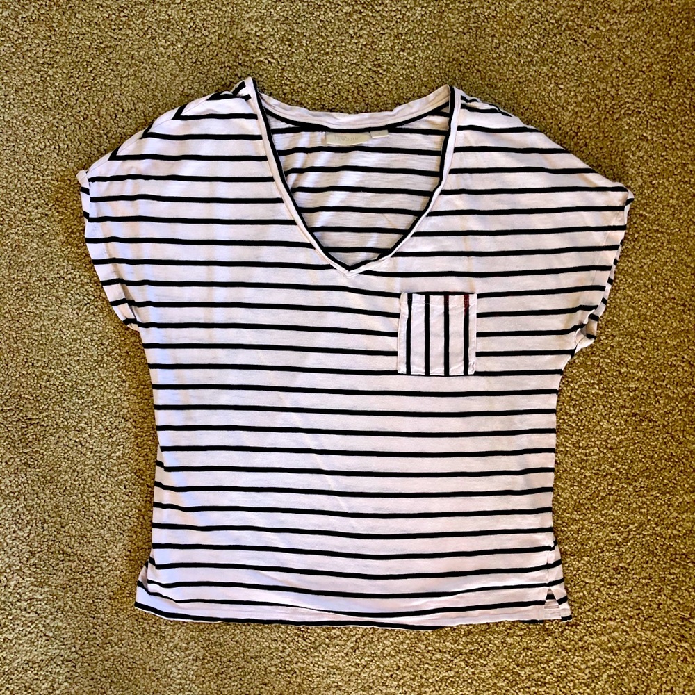Nordstrom Black White Striped V-Neck Pocket Tee Size M Cotton Breton Stripe